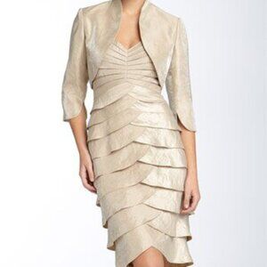 NEW Adrianna Papell ChampagneTiered Hammered Satin Sheath Dress & Bolero Sz 10